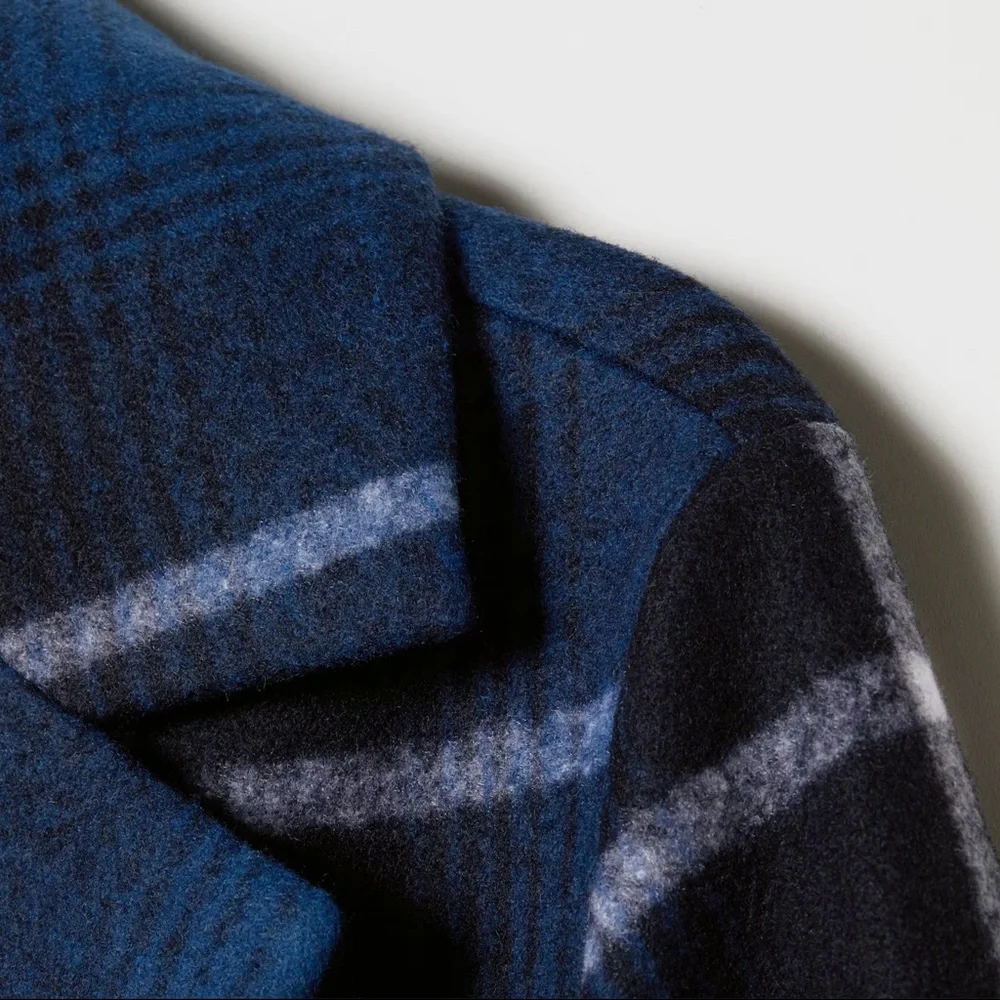 H&M Felted Oversized Coat Check Plaid Dark Blue Size M Bloggers' Favorite - Picture 3 of 15